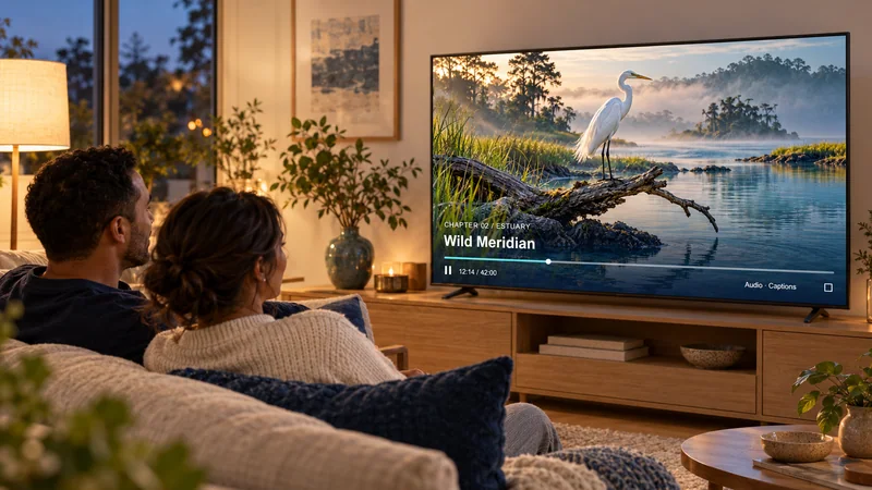 Two people deciding what to watch on a relaxed evening at home.