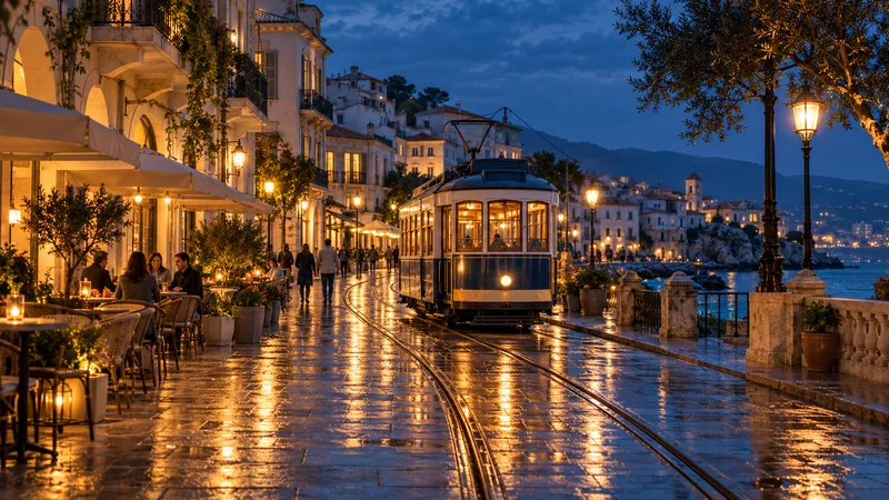 Travel series artwork: a tram moves through a lamplit coastal street at blue hour.
