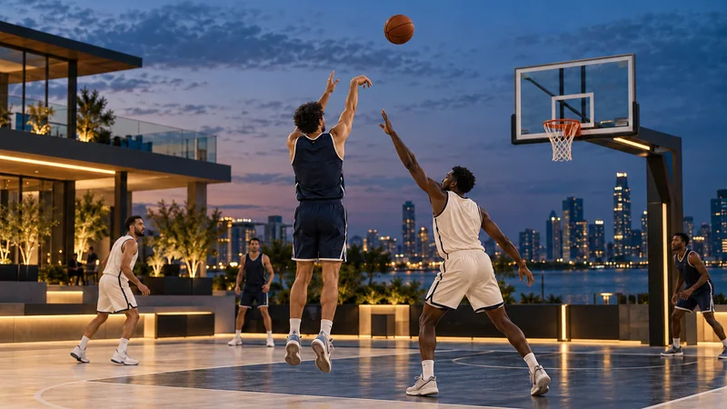 Sports artwork: basketball players in plain navy and ivory kits on an outdoor court at dusk.