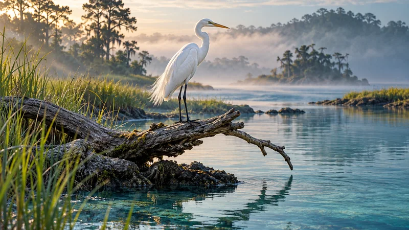 Nature documentary artwork: a white egret on driftwood above a misty estuary.