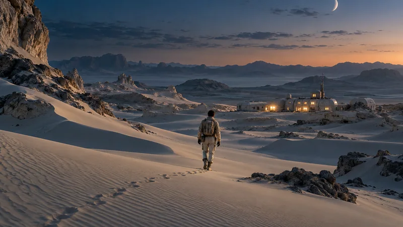 Science fiction artwork: a lone explorer crosses pale dunes toward a distant station.