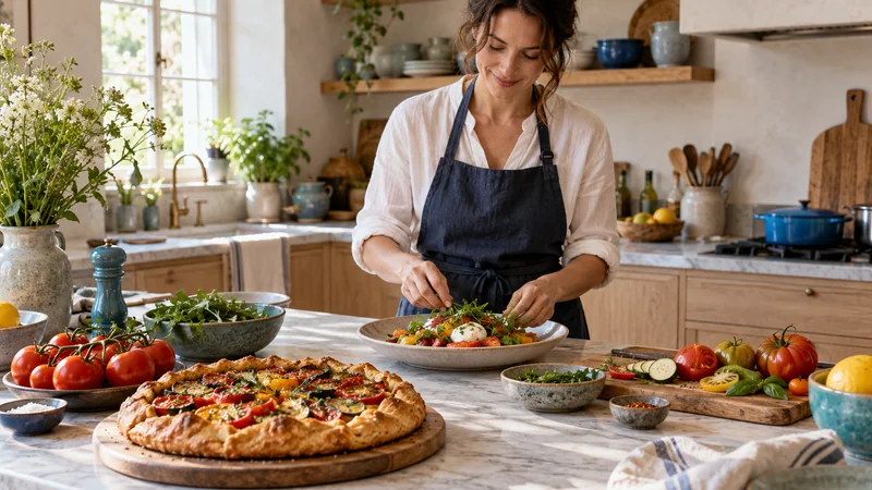 Food show artwork: a cook prepares a vegetable tart in a bright kitchen.