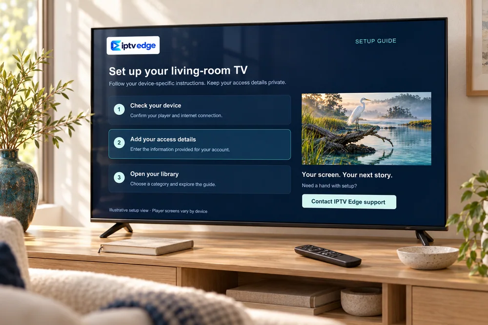 A living-room TV showing the IPTV Edge setup guide: check your device, add your access details, open your library.