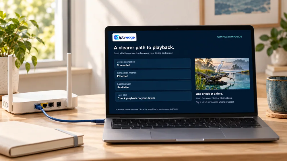 A home router connected by cable beside a laptop showing a connection checklist.