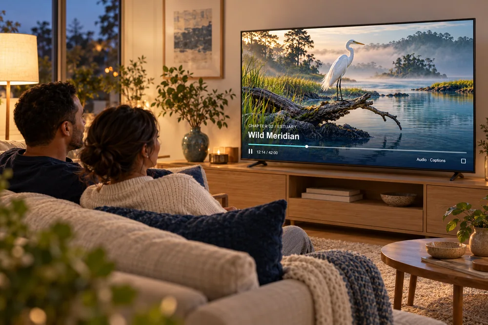 Two people relax on a sofa in the evening while a nature program plays on their TV.