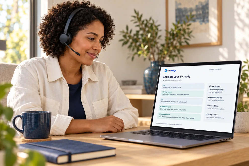 An IPTV Edge support adviser with a headset answers a customer message from a laptop.
