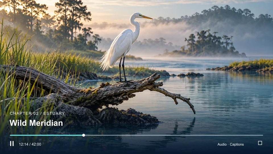 A nature program playing full screen with playback controls, audio and caption options.