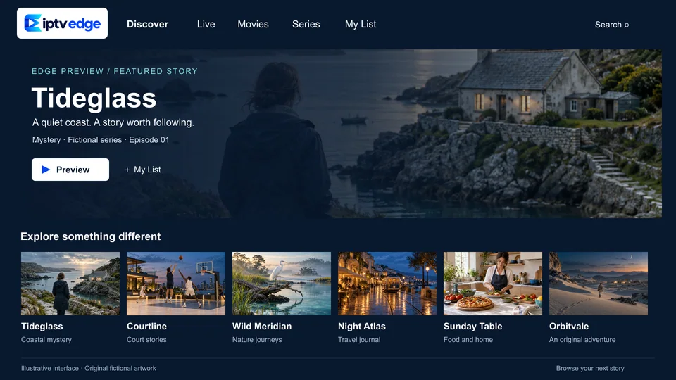 The IPTV Edge library screen with a featured drama and a row of six program tiles.